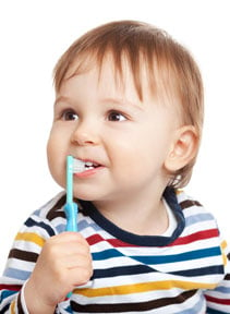 toddler using a toothbrush